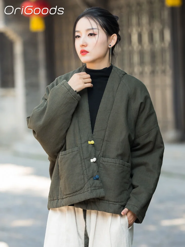 OriGoods Women Padded Coat Chinese Style Thick Warm Winter Jacket Oversize Loose Kimono Quilted Coats Women 2023 Outerwear B104