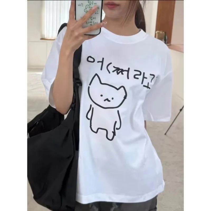 Korean Annoyed Cat Go Away Short-sleeved Printed T-shirt Top Cute Line Art Cat Meme Graphic Casual Streetwear for Women