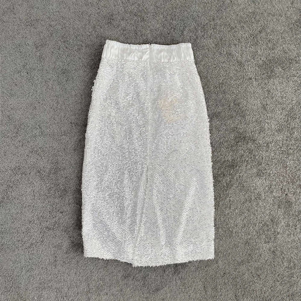 Saia de emenda de lantejoulas pesadas para mulheres, fenda traseira, viajante solto, peplum reto, top combinado, branco, Y2K, novo, verão, 2024