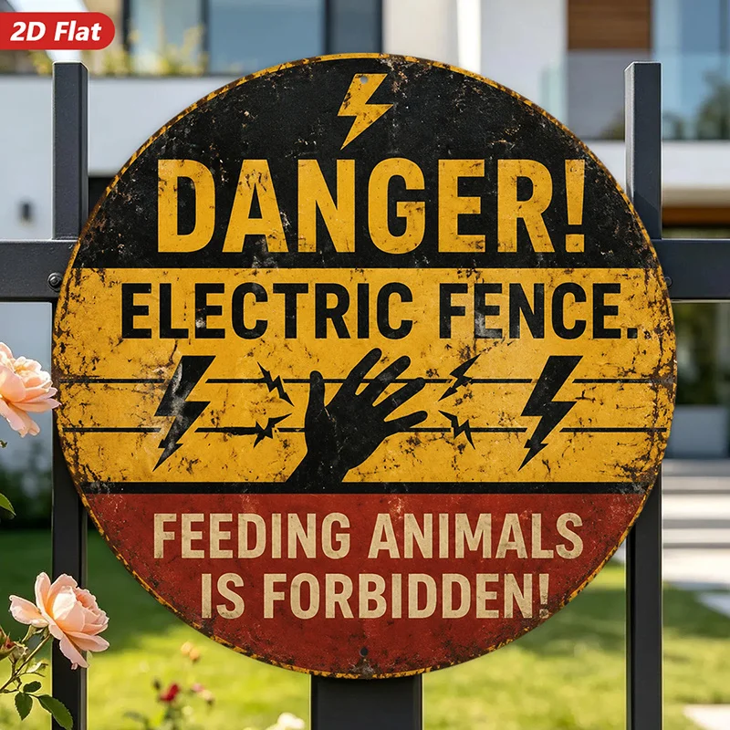 2D Flat, 1pc Electric Fence Warning Round Metal Sign Wall Art, Home Decor, Perfect for Entryway Studio Study, Yellow Black Red S