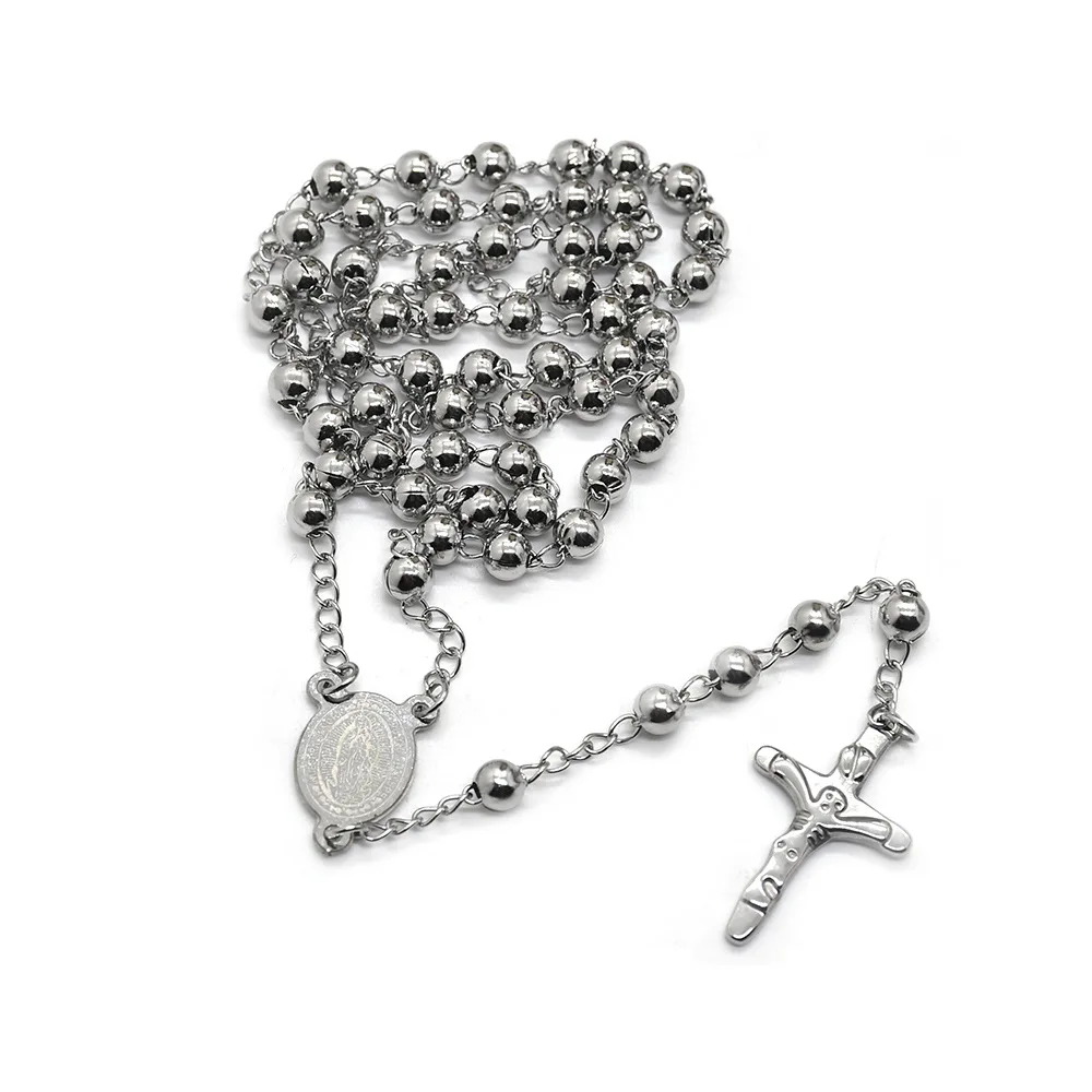 CR019 6mm Bead Catholic Rosary Necklace Stainless Steel Cross Pendant Men Women Religious Jewelry