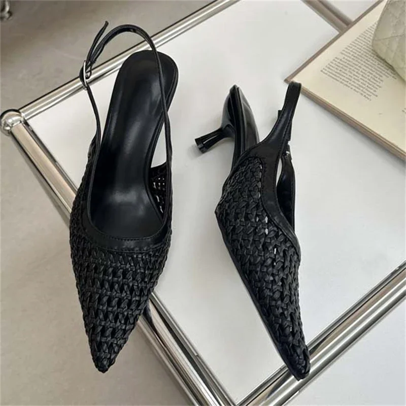 

Aneikeh Fashion Hollow Woven Buckle Strap Sandals Slingbacks Pumps Women Elegant Pointed Toe Thin Low Heels Dress Banquet Shoes