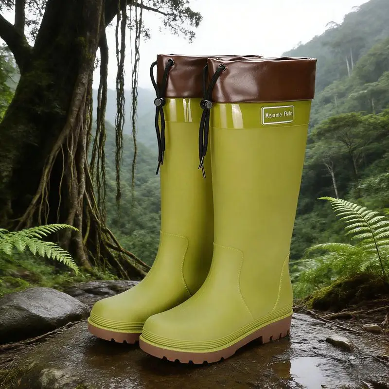 High-Tube Women's Rain Boots Blue Outdoor Hiking Waterproof Shoes Gkin Mountain Style PVC Material Knee-High Booties