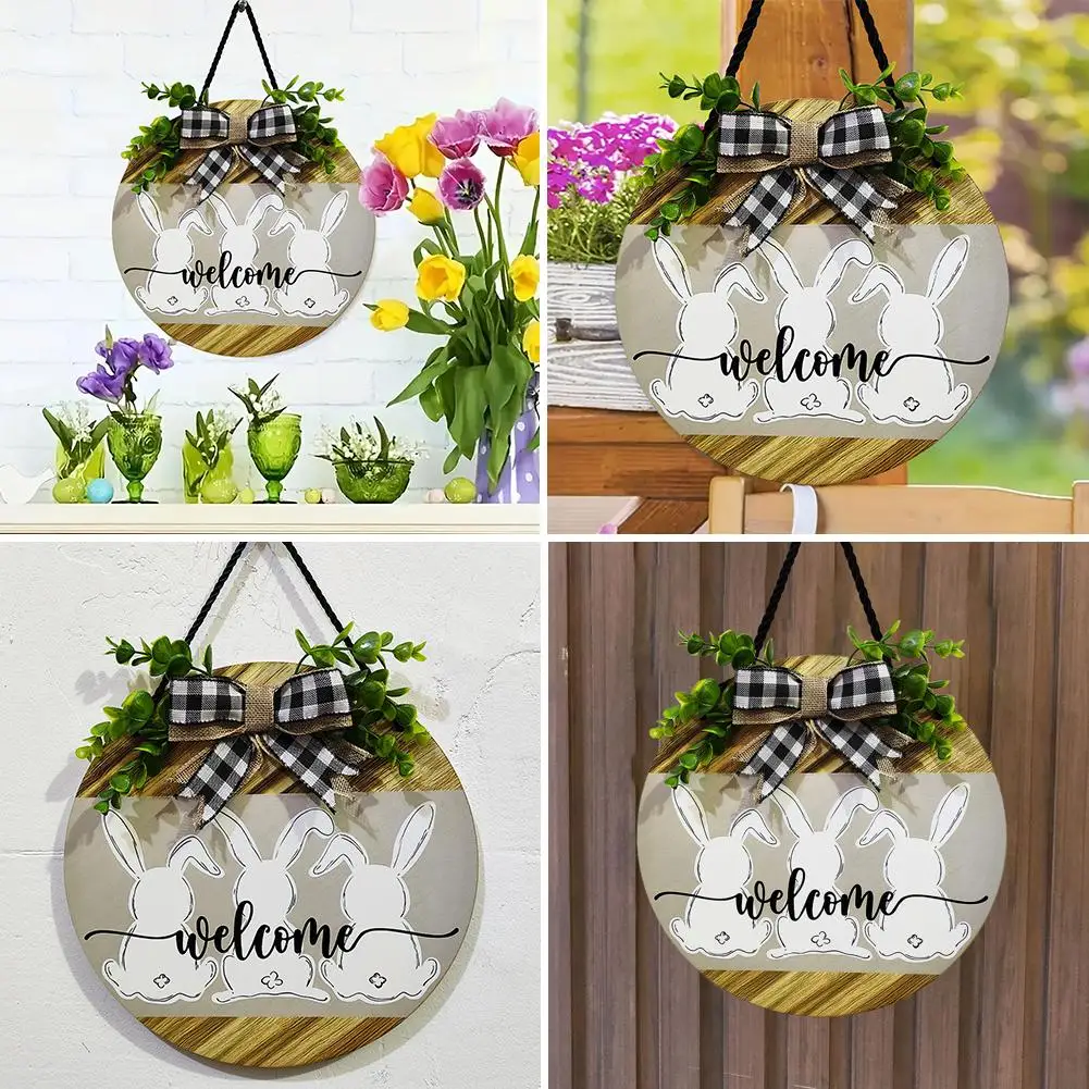 

Easter Wooden Hanging Sign Bunny Rabbit Welcome Door Decoration with Bow Rustic Easter Wreath Front Door Decor for Spring U2K0