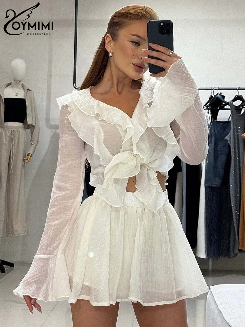 Oymimi Casual White Two Piece Set For Women Fashion Ruffled Long Sleeve Button Crop Tops And High Waist Mini Skirts Female Sets