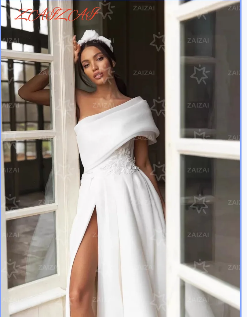 

Customized Sleeveless One Shoulder Wedding Dress Split A-Line Bride Gow With Bow Long Train Bride Wedding Dress