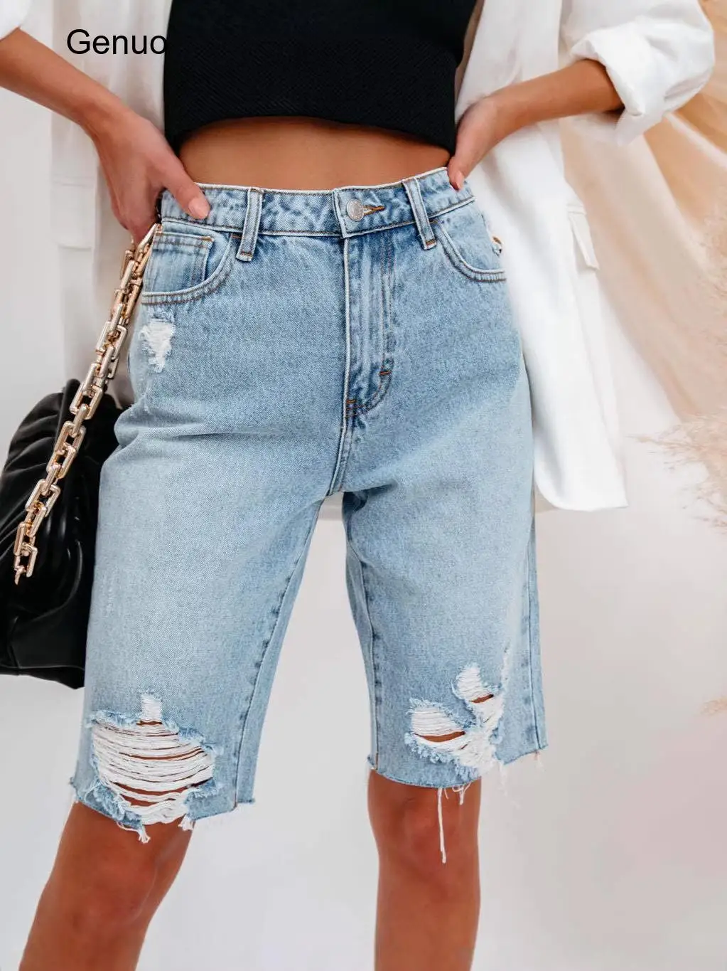 2026 Ripped Frayed Edge Straight Leg Denim Bermuda Shorts High Waist Knee Length Casual Jean Capris