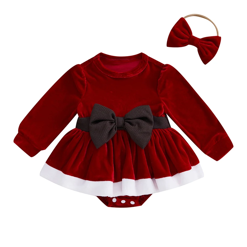 

Infant Girls Velour Romper Dress with Terry Trim 3D Bow and Long Sleeves Complete with Jumpsuit and Headband for a Charming