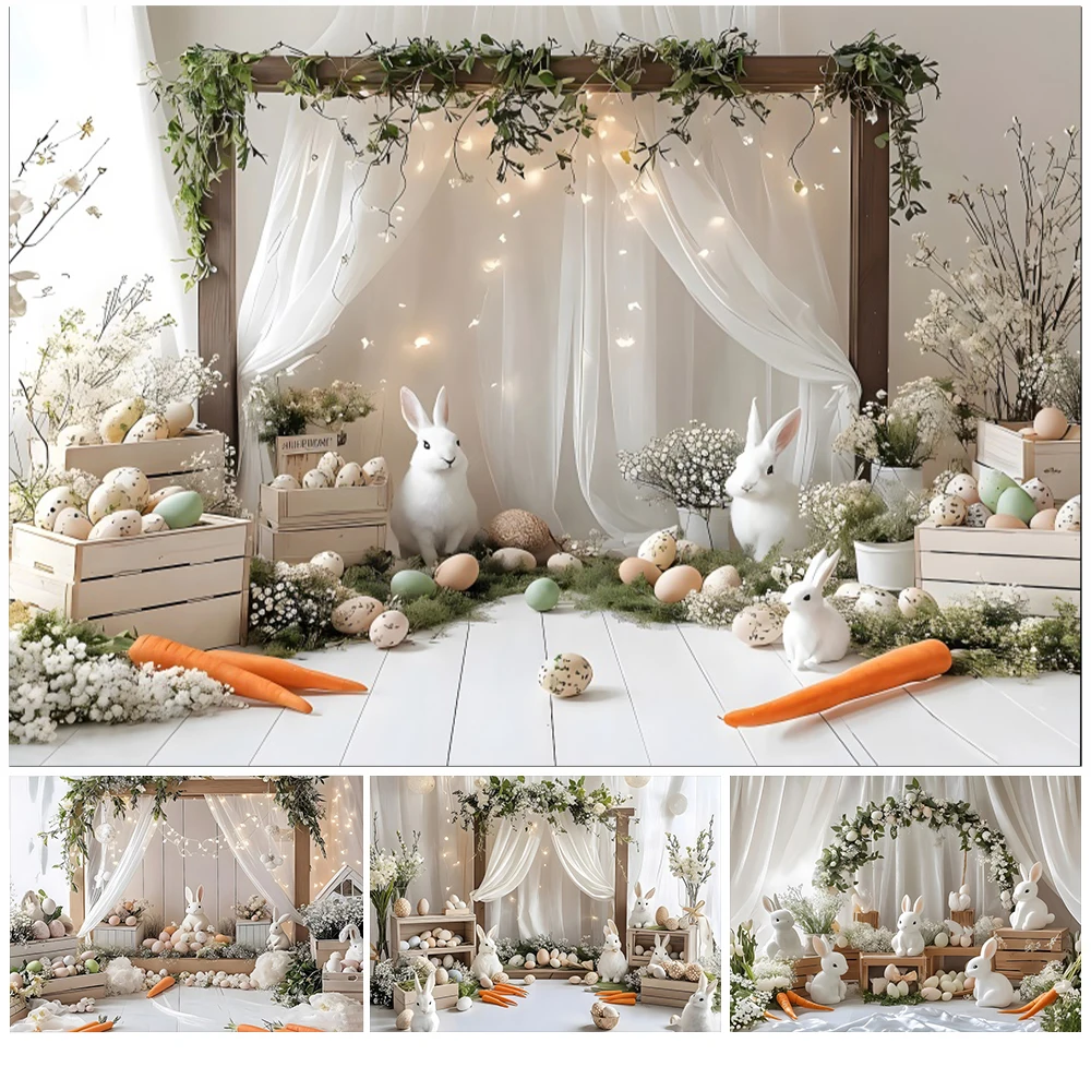 

Spring Easter Photography Backdrops Green Grass Colorful Eggs Flower Plant Arch Vine Wall Baby Shower Portrait Photo Background