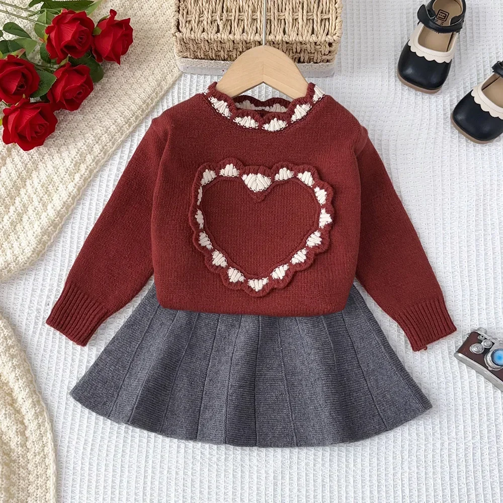 Kids Clothes Red Knitted Top Girl 2-piece Sets Lace Collar Love Sweater+Grey A-line Short Skirt Winter Children's Clothing