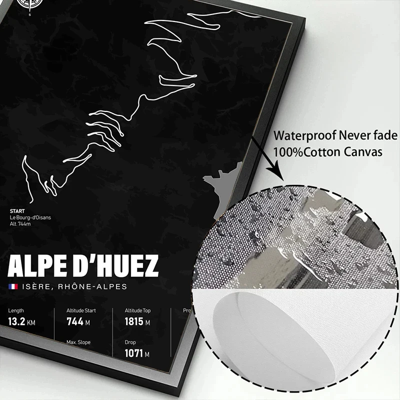 الدراجات تسلق الظلام المشارك طباعة جبال الألب D Huez فرنسا خريطة قماش الطباعة جدار ديكور فني دراجة الدراجات سباق غرفة المنزل الديكور #6