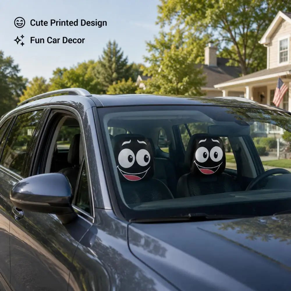 2PCS Happy Smiley Face Car Headrest Covers 2D Flat Big Eyes Grin Print Black Soothing Universal Auto Headrest Protector