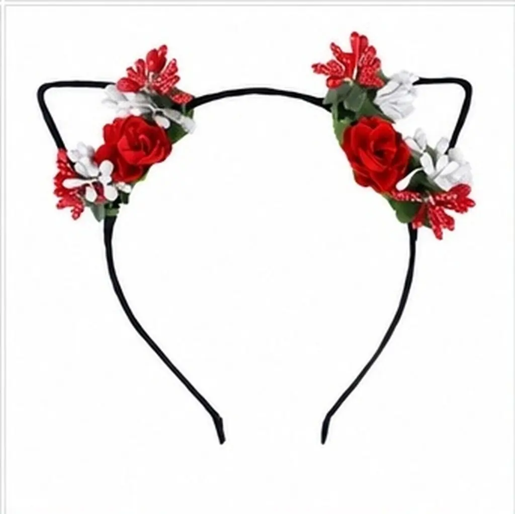 4Pcs Cat Ears Headbands with Fabric Flowers for Costume Party, Holiday & Masquerade – One Size Fits Most