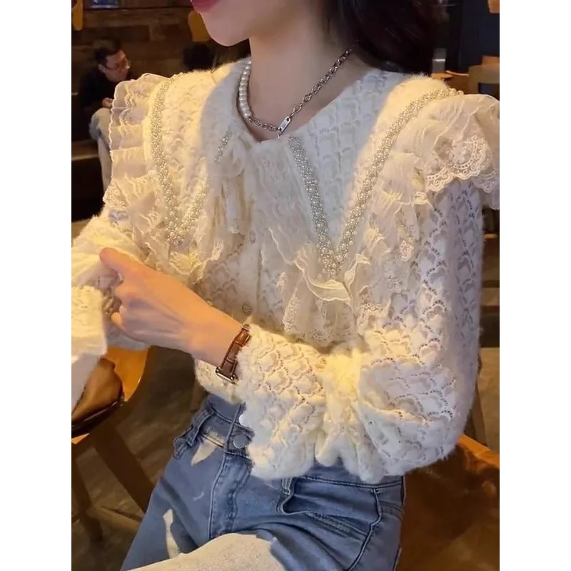 Ladies' Crochet Lace Shirt  Beads Collar Hollow Top