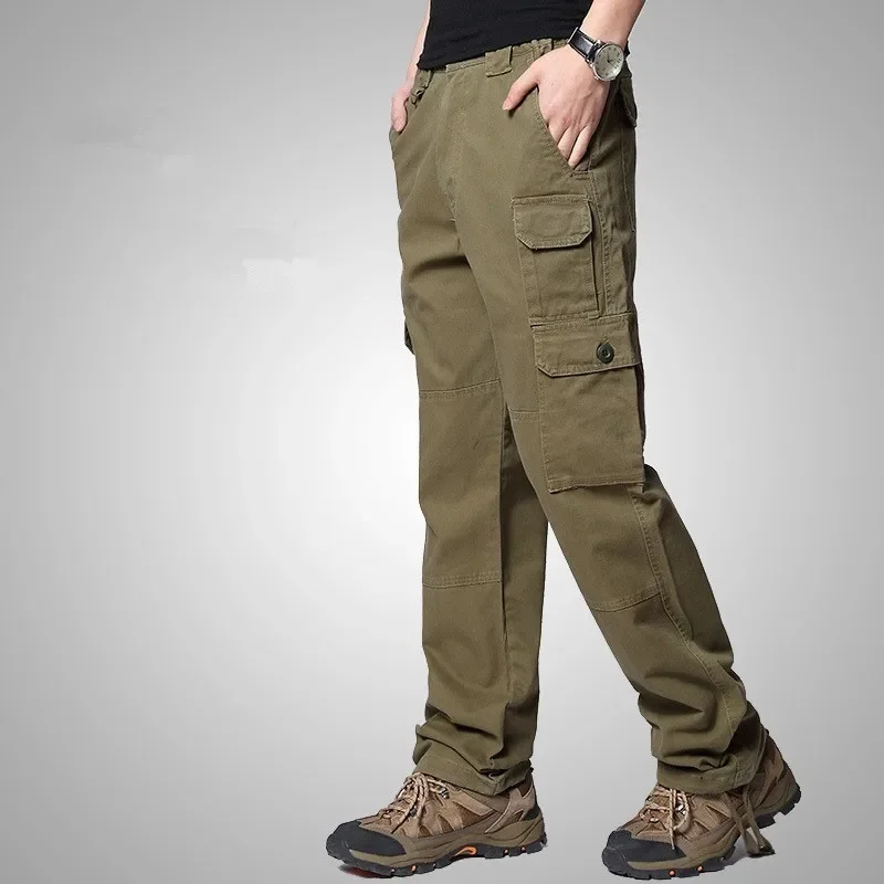 Pure Cotton Multi-pocket Loose Outdoor Overalls Tactical Pants Men Spring Autumn Hiking Sports Training Straight Army Trousers