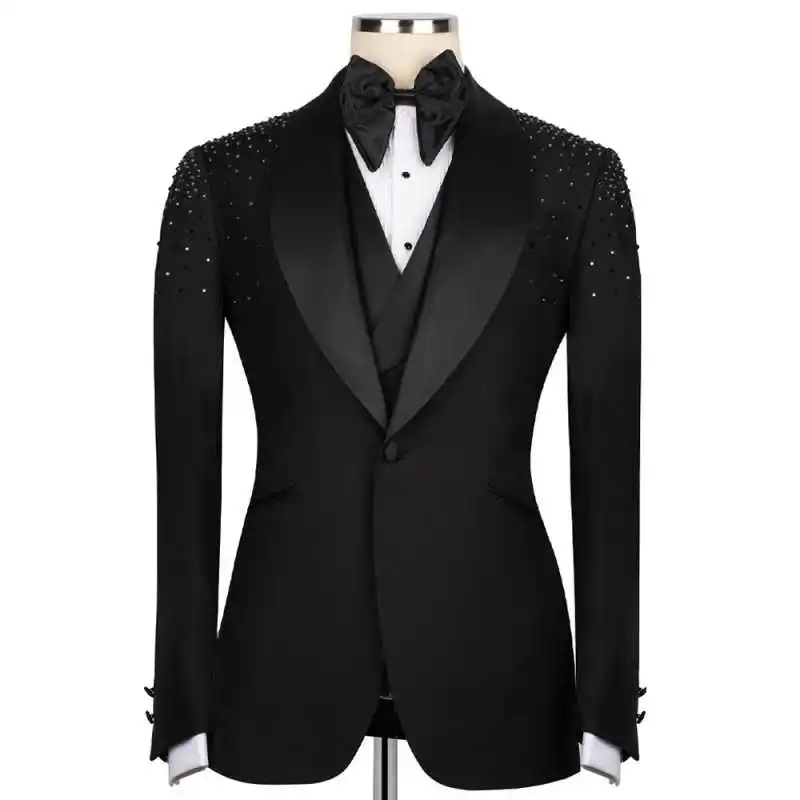 New Fashion Men Suits Coat Pants Groom Business Suit Wedding Blazer Special Design Beaded Prom Party Jacket Customized