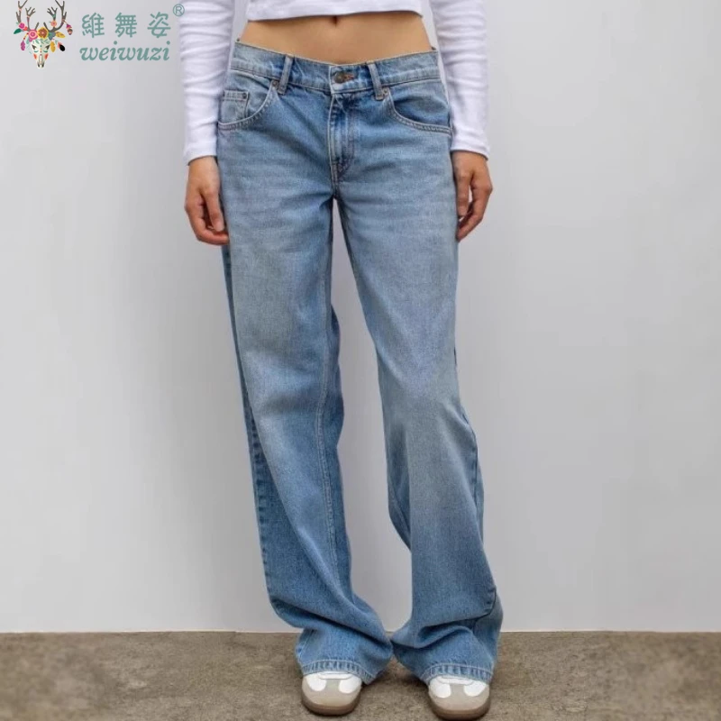 Amerykańskie damskie jeansy retro w panterkę z naszywkami w gwiazdy, proste spodnie dżinsowe, codzienne niebieskie spodnie z szerokimi nogawkami, jesienne spodnie w stylu Y2k.