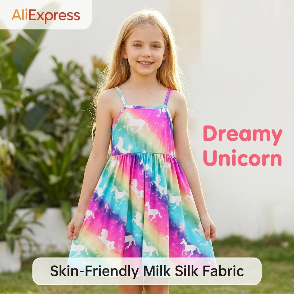 Girls Rainbow Gradient Cute Unicorn Print Spaghetti Strap Dress, for Daily Casual Outdoor Beach Vacation Kids Lightweight