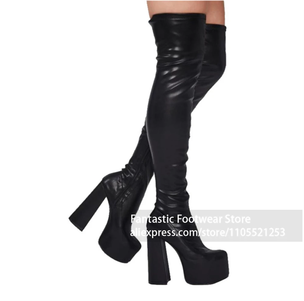 Glossy Patent Faux Leather Boots Thick Platform Sole Boots Stretchy Elastic Upper Over The Knee Boots Chunky Square Block Boots