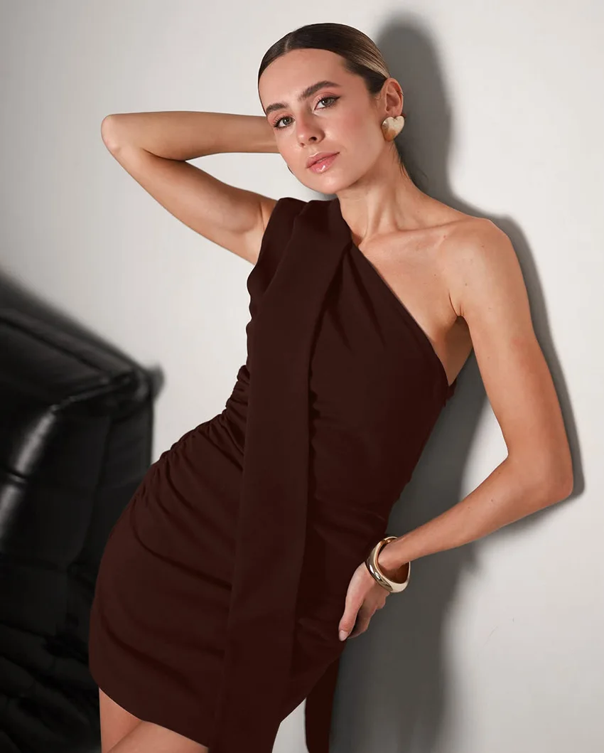 Elegant Knit Ribbon Decoration Dresses Spring Women Sleeveless Sloping Shoulder Irregular Dress Autumn High Waist Mini Dress