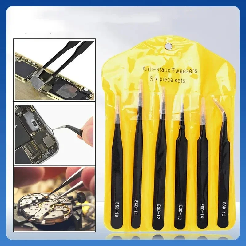 Electronic repair welding process repair tool 6PCS precision tweezers set ESD anti-static stainless steel tweezers