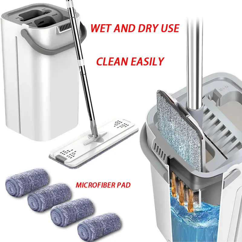 Flat Mop Bucket Set Microfiber Mop Head Hands-Free Flat Wringer Wet And Dry Floor Cleaning System Home Kitchen Bathroom Cleaning