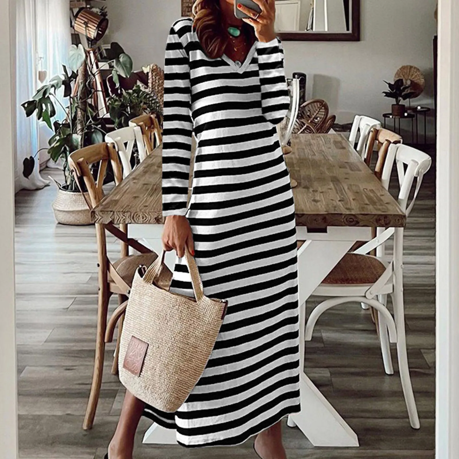 

Retro Dresses For Women Long Sleeve Deep V Neck Dress Loose Fit Striped Maxi Casual Trendy Bodycon