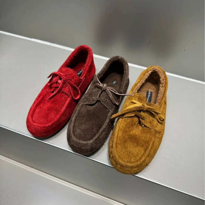 

Осенне-зимние новые модные универсальные замшевые бархатные теплые лоферы, женские пушистые туфли на одной педальке на плоской подошве, на одной плоской подошве