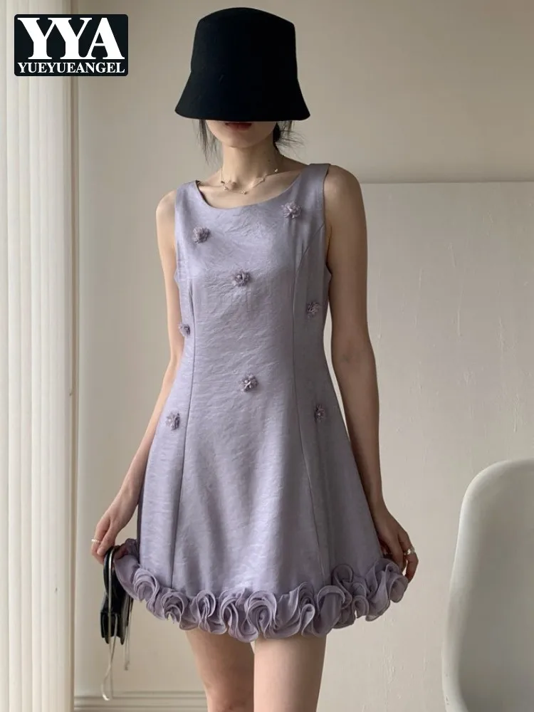 

Women Summer Tank Dress O Neck Fashion Flowers Solid Color A Line Dress Casual Designer Sleeveless Sweet Ladies Short Dresses