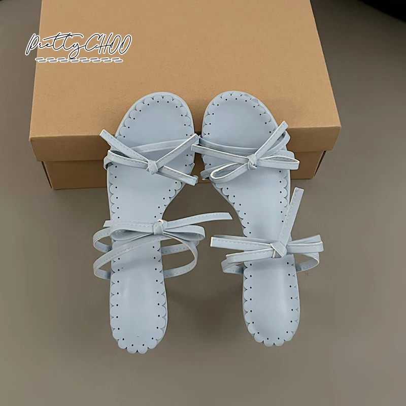 Fairy Blue Bowknot Mule Sandals Woman Elegant Brand Design Narrow Bands High Heel Slide Slippers Ladies Ruffles Evening Shoes