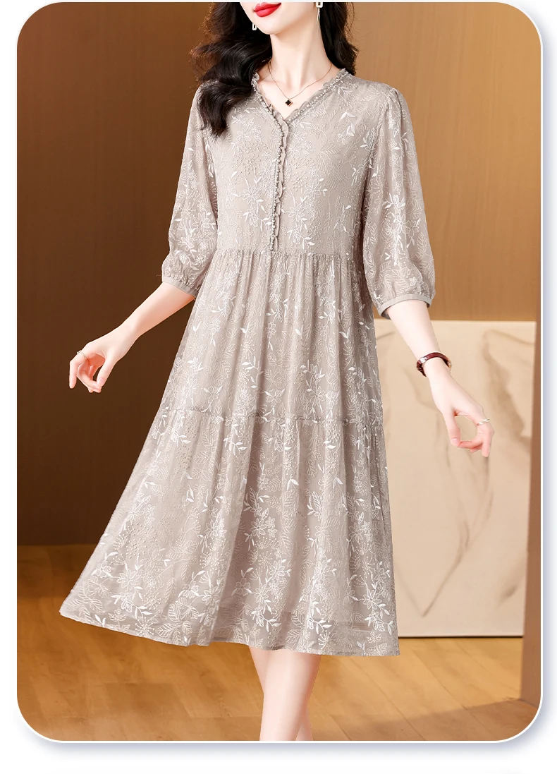 2024 Luxury Floral Beading Embroidery Midi Dress Women Korean Elegant Loose Maxi Dress Summer Vintage Chic Party Evening Vestido