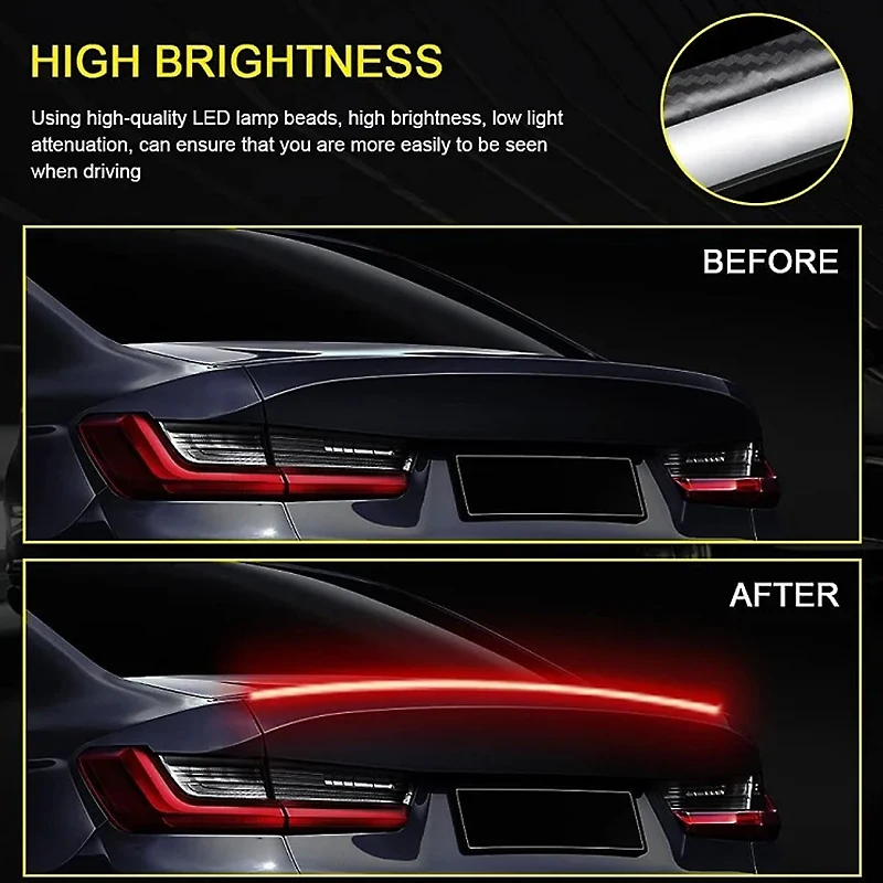 12V Car Rear Spoiler Light Led High Mount Brake Stop Lamp Warning Turn Signal Strips Carbon Fiber Auto Trunk Light Waterproof