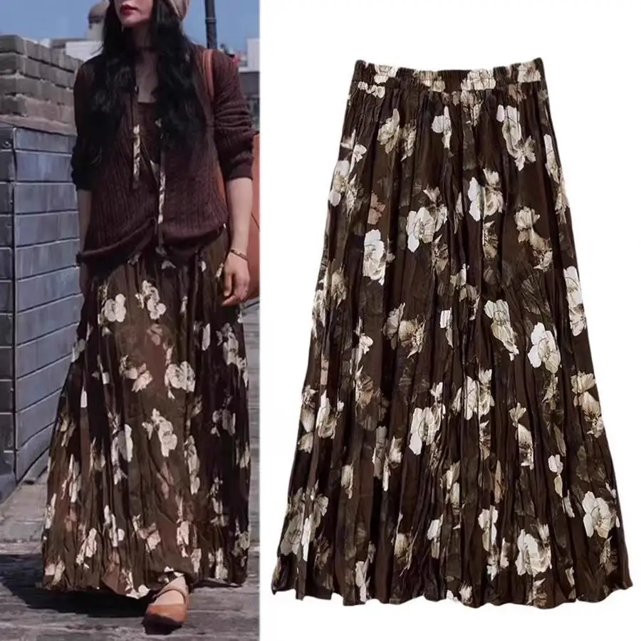 

Floral Print Pleated Skirt for Women 2023 Spring Summer Vintage Chiffon A Line High Waist Midi Long Beach Skirt Female