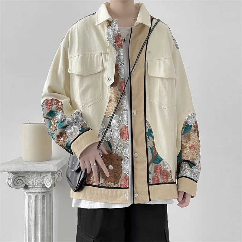 Jackets Men Flower Embroidery Patchwork Men's Jacket Casual Varsity Vintage Windbreaker Harajuku Cozy Streetwear Unisex