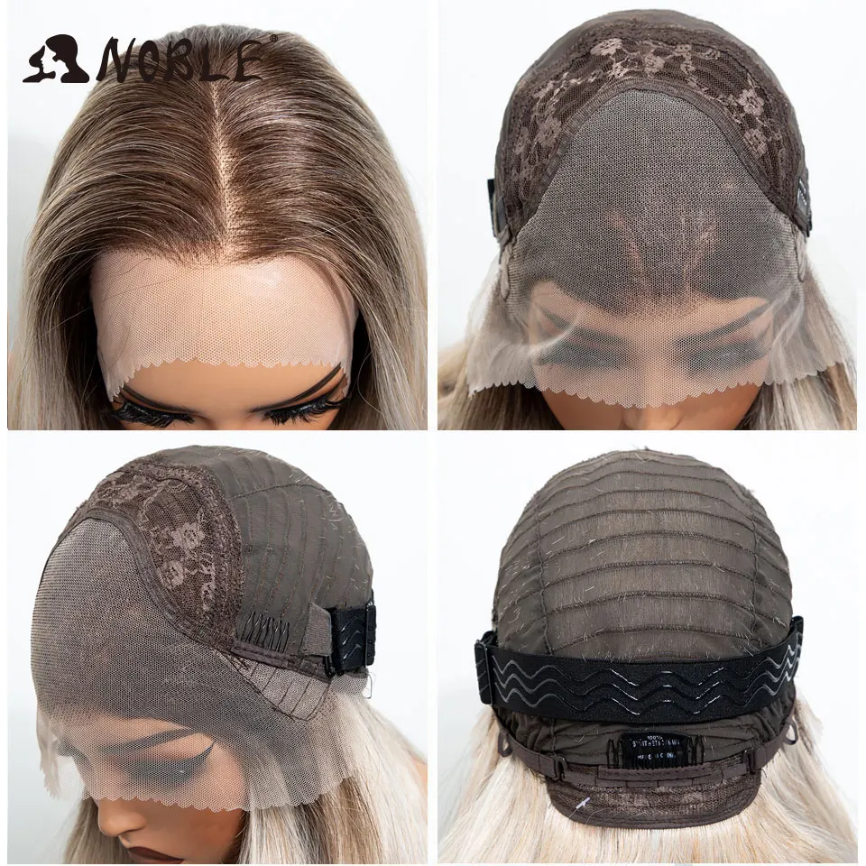 Noble 28 Zoll 13x4 Lace Front Synthetik-Perücke mit Dunklem Ansatz, Aschblond Balayage, Body Wave, Hitzebeständig, für Tägliches Tragen – Detail 6