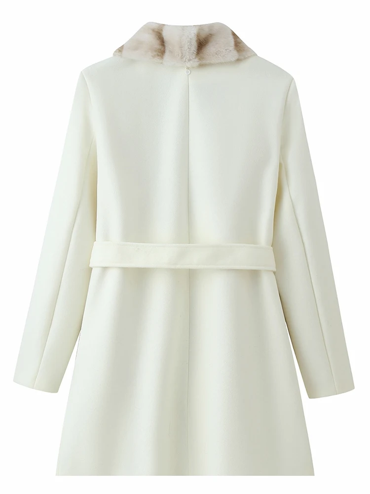 Women Woolen Jacket Coat 2025 Winter New Fashion Fur Collar Solid Color Long Sleeve With Belt Coat Female Chic Leisure Outerwear