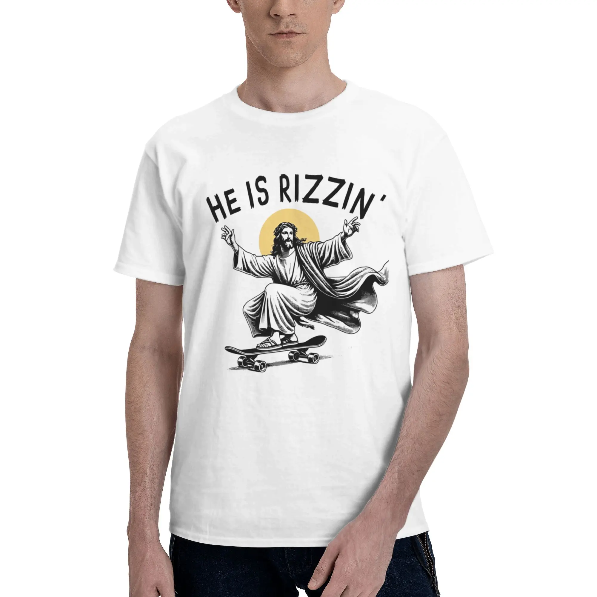 He Is Rizzin Funny Jesus  Men T Shirts Skateboard Fashion Tee Shirt Short Sleeve O Neck Pure Cotton Summer Clothes T-Shirt
