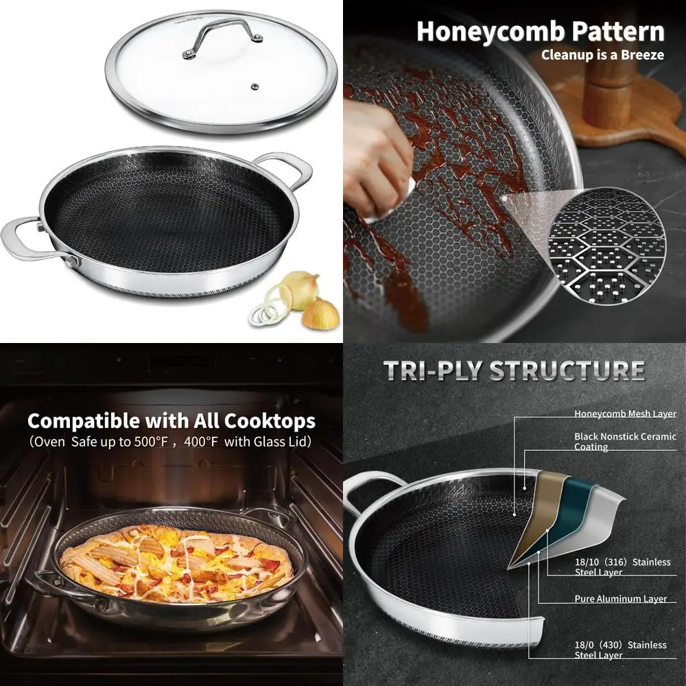 Sartén antiadherente multifuncional de acero inoxidable de 13 pulgadas con tapa, dos asas, apta para horno y lavavajillas, ideal para Paella y