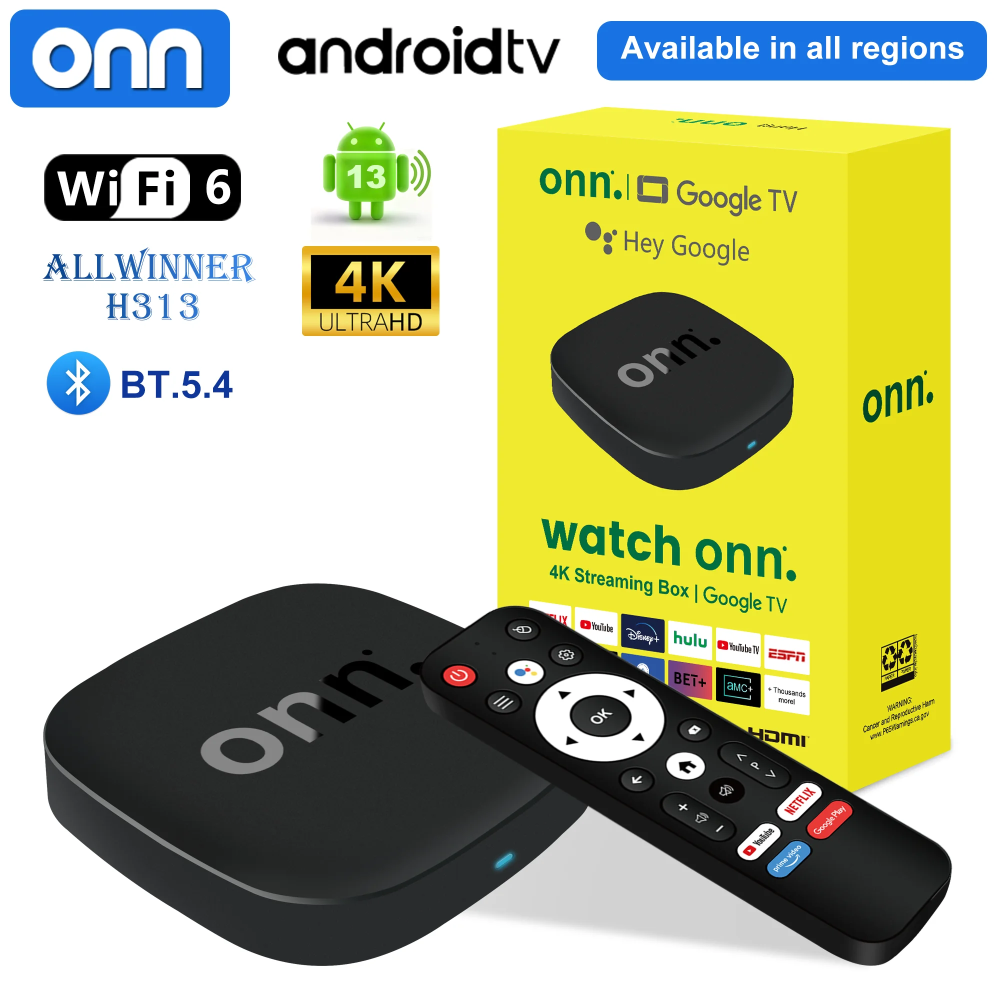 Onn 4K Android 13 Smart TV Box 4K Quad Core Set-Top Box 5G Connectivity 8GB 128G Voice Remote for Streaming Media Player
