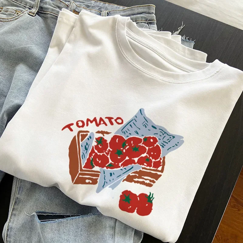 Vintage Tomato Style Sun and Handprint Women's T-Shirt Casual Loose Short Sleeve Top Aesthetic Zodiac Cute Fashion T-Shirt Y2K