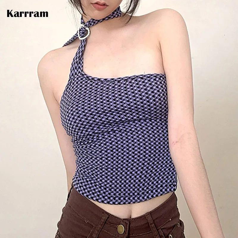 Karrram Grunge Halter Tops Irregular Bandage Tank Tops Harajuku Chic Sexy Slim Crop Tops Summer Korean Fashion Designer Clothes