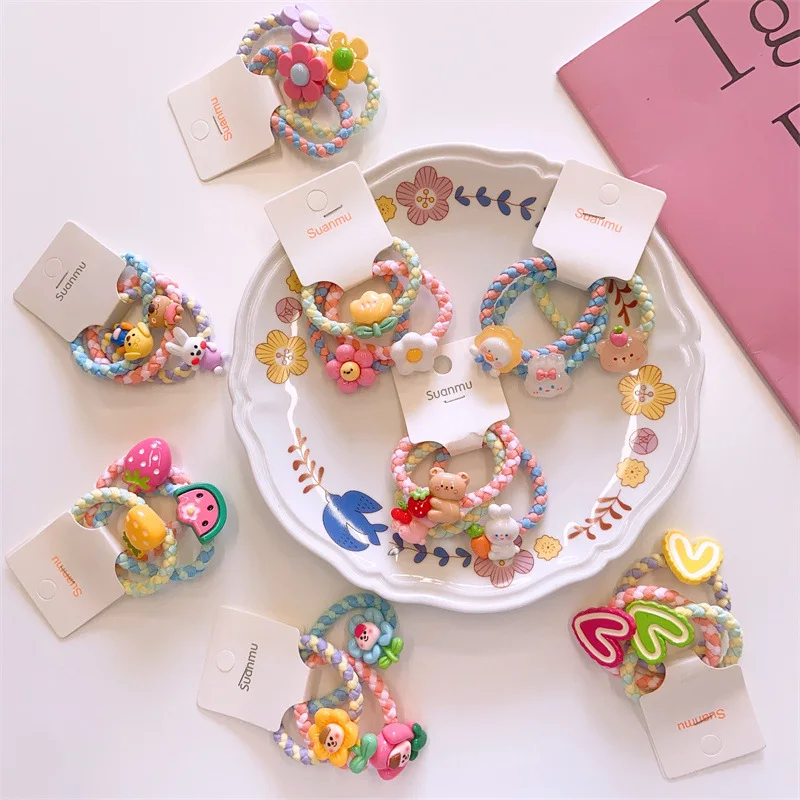 3 teile/satz Kinder kawaii Blume Frucht Haar gummi Baby bunte Herz Haar Seil elastische Haar Gummibänder für Mädchen niedlichen Haar bänder Geschenk – Detail 2