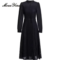 MoaaYina Autumn Winter Women's Dress Long-Sleeved Chic Lace Splicing High Waiste High Waiste Vintage Temperament Dresse