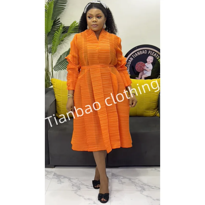 

Miyakaya Style Pleated Dress for Women 2025 New Solid Color V-neck Long Sleeves Lotus Leaf Edge Large Size Elegant Pleated Skirt
