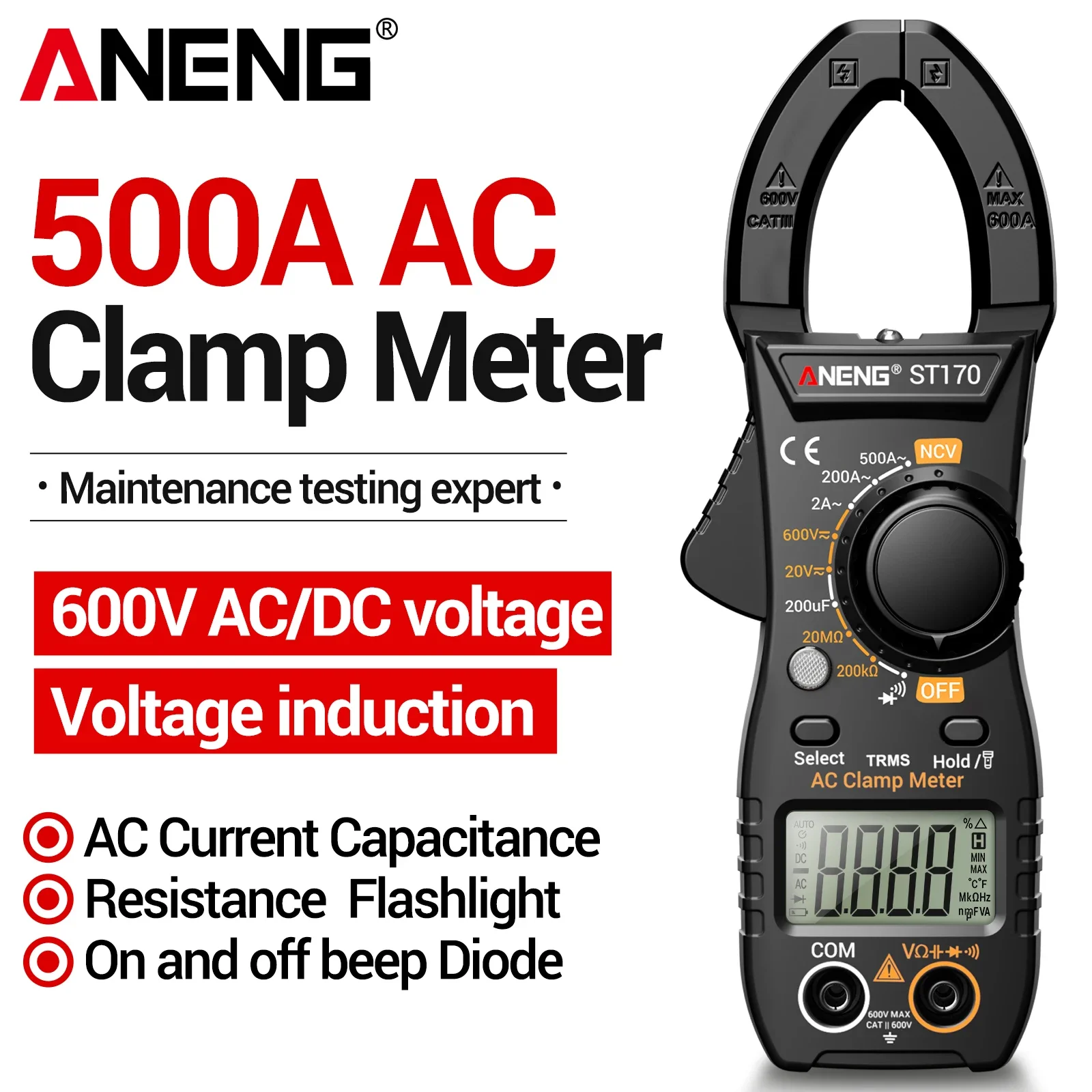 ANENG ST170 Digital Clamp Meter 600V Volt Cap Resistance Diode Data Hold Flashlight Large Screen Auto Off Electrical Repair Tool