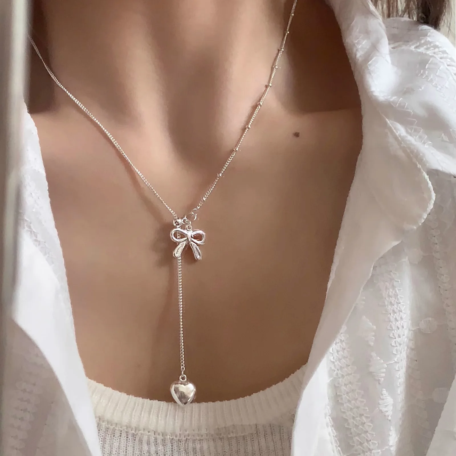 VENTFILLE 925 Sterling Silver Bowknot Necklace For Women Love Heart Tassels Bead Choker Adjustable Jewelry Dropshipping