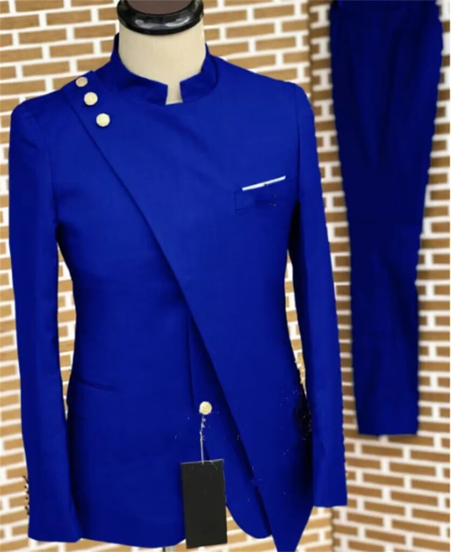 Royal Blue Men Suits Costume Homme Gold Buttons Blazer Double Breasted Party Groom Wear Men Wedding Prom Tuxedo 2 Pcs