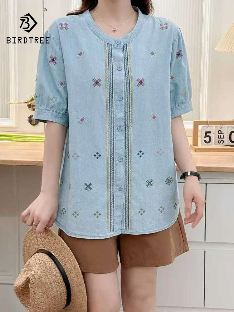 

Новая летняя джинсовая рубашка с коротким рукавом 2026 года, женская, с геометрической вышивкой, в стиле Mori Girl, винтажная, в стиле преппи, свободная блузка T63784CC
