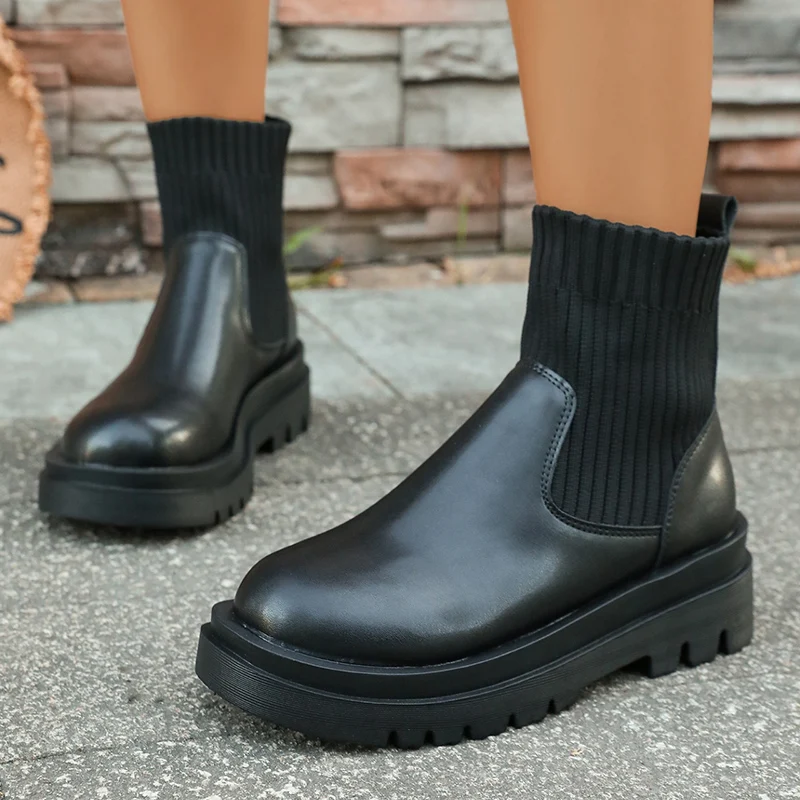 Botas de plataforma gruesas sin cordones para Mujer, Botas de suela gruesa de cuero Pu con retales tejidos, Botas Chelsea antideslizantes cómodas para Mujer