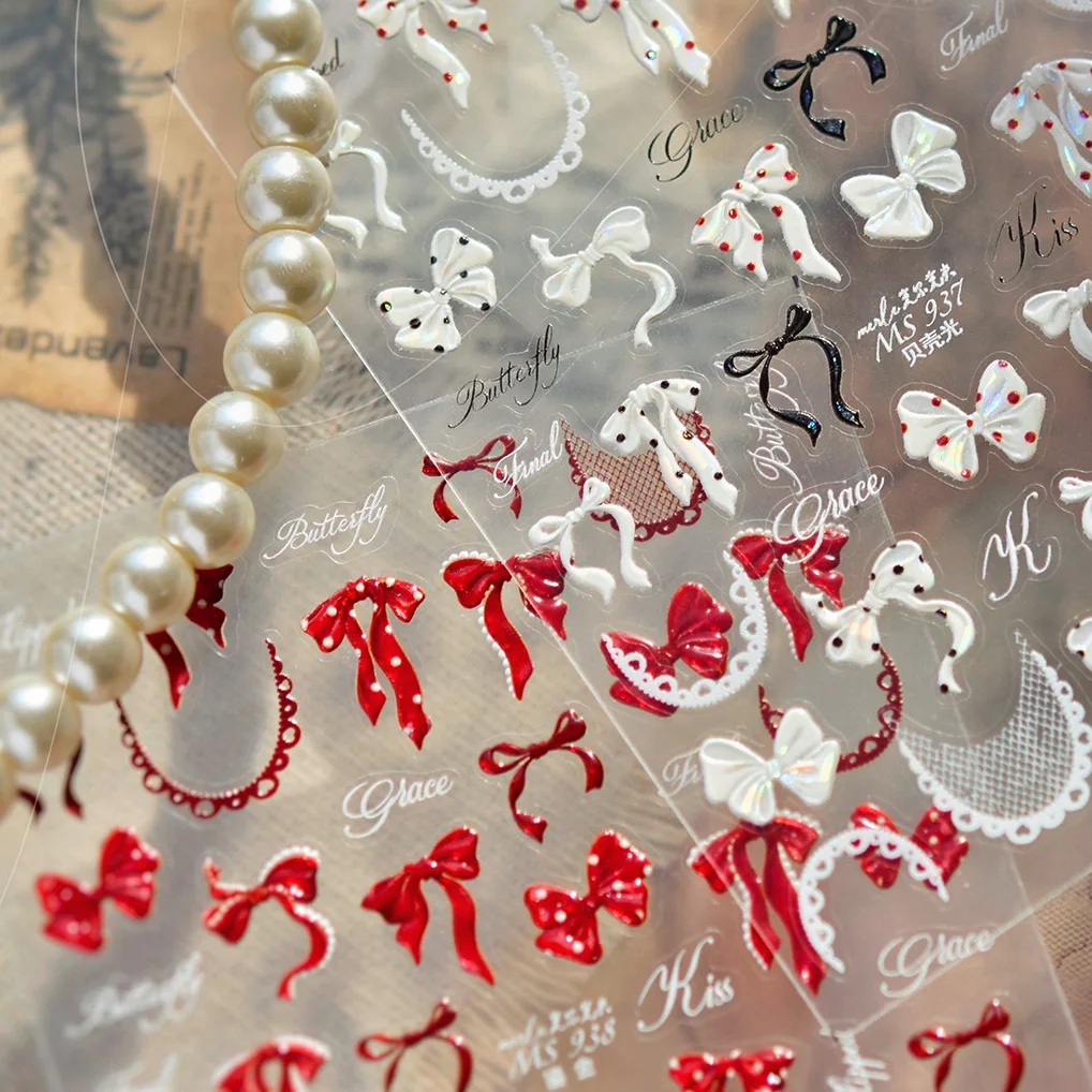 

Exquisite White Red Bowknot Polka Dot Lace Semi-circular Shape Gauze Bow Tie Ribbon DIY Adhesive Nail Art Sticker Manicure Decal